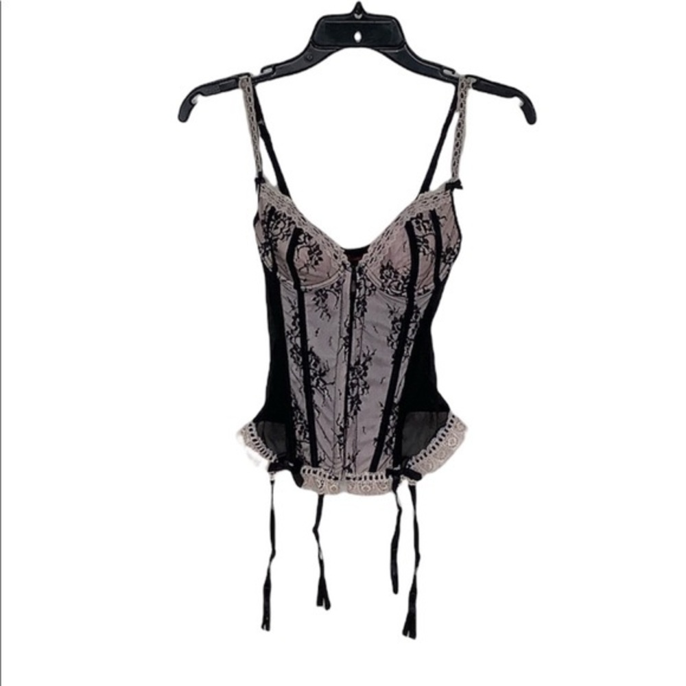 Dreamgirl black pink lace mesh boned corset with garter size Small EUC